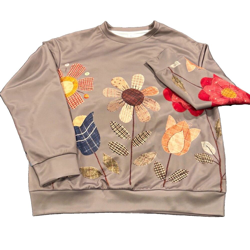 New Womens Floral Patchwork Graphic Sweatshirt Size S Grannycore Pullover Taupe